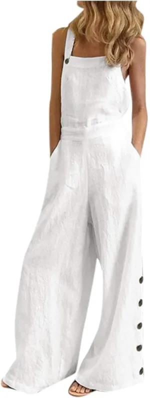 Jumpsuits for Women Spaghetti Strap Sleeveless Cotton Linen Jumpsuits Summer Wide Leg Rompers with Pockets