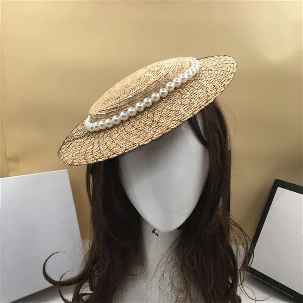 Ladies Pearl Mesh Decoration Hats Beach Sun Shade Womens Caps Gril Wide Brim Hat