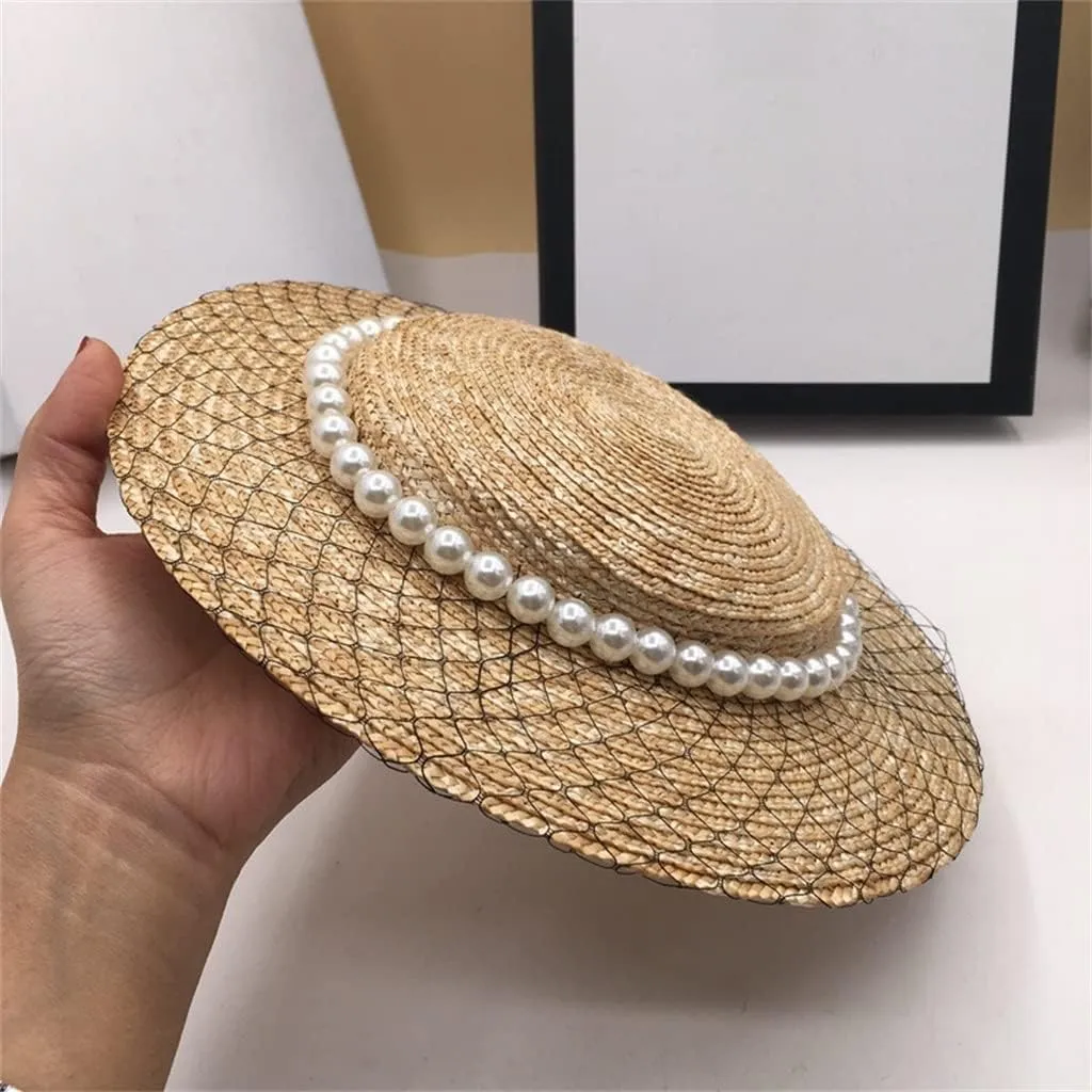 Ladies Pearl Mesh Decoration Hats Beach Sun Shade Womens Caps Gril Wide Brim Hat