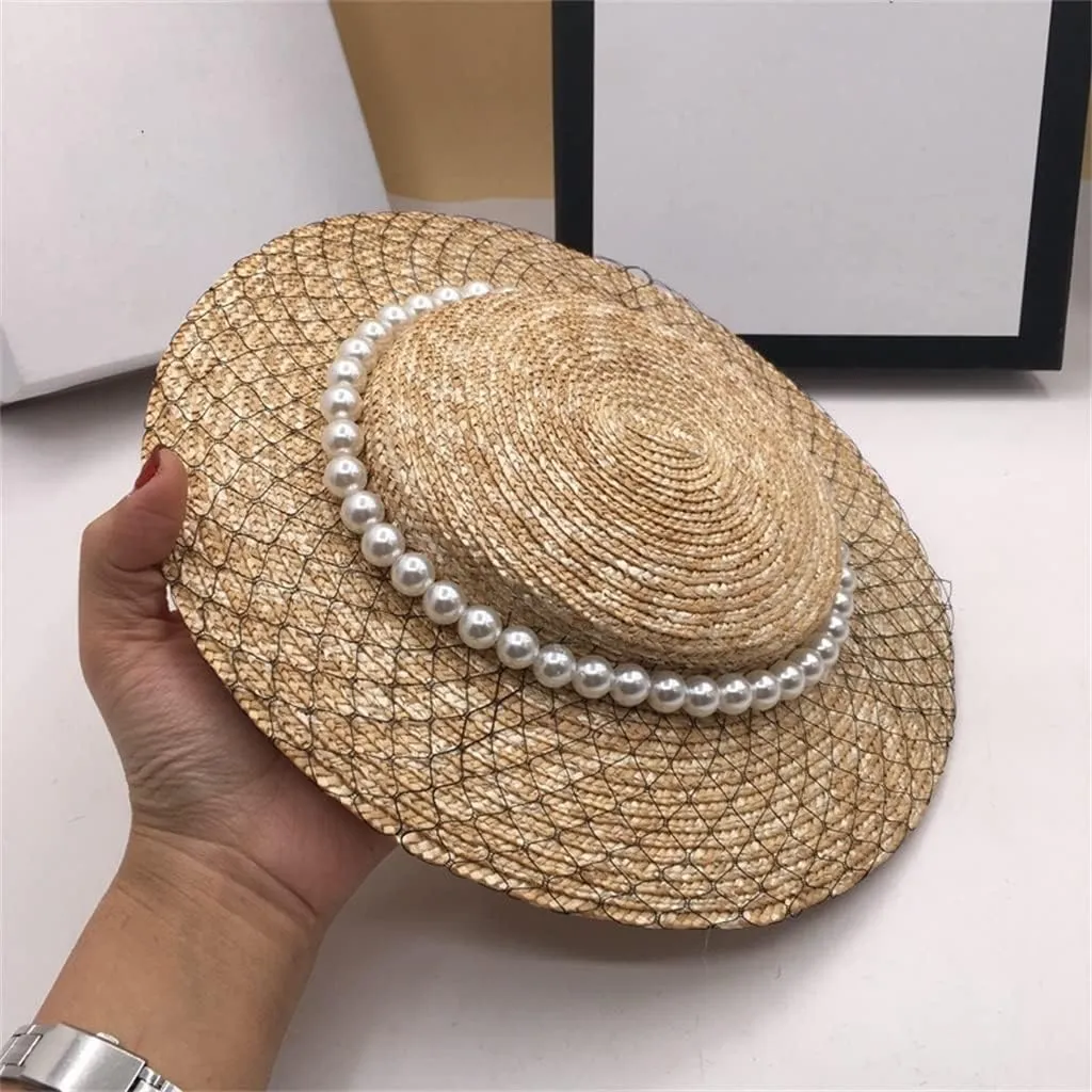 Ladies Pearl Mesh Decoration Hats Beach Sun Shade Womens Caps Gril Wide Brim Hat