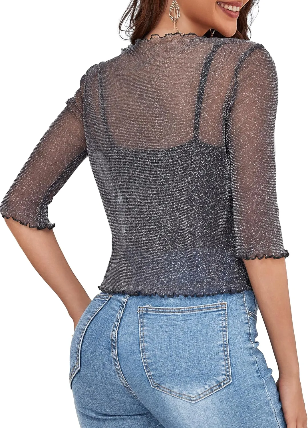 LIENRIDY Women's Sheer Shrug Open Front Bolero Cardigan 3/4 Sleeve Shrug Sweater S-XL