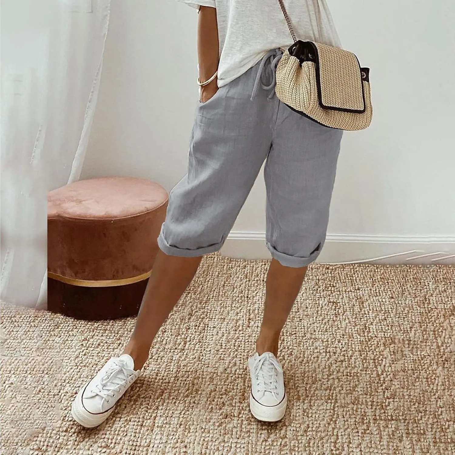 Linen Blend Pants for Women Cotton Linen Elastic Seven Pants Beach Casual Pants Linen Casual Summer Cropped Pants