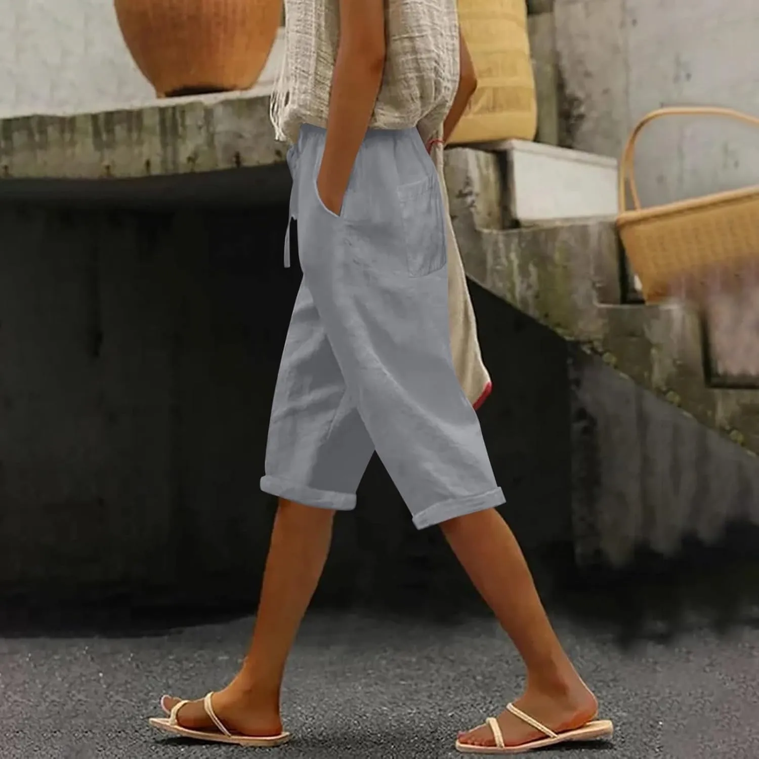 Linen Blend Pants for Women Cotton Linen Elastic Seven Pants Beach Casual Pants Linen Casual Summer Cropped Pants