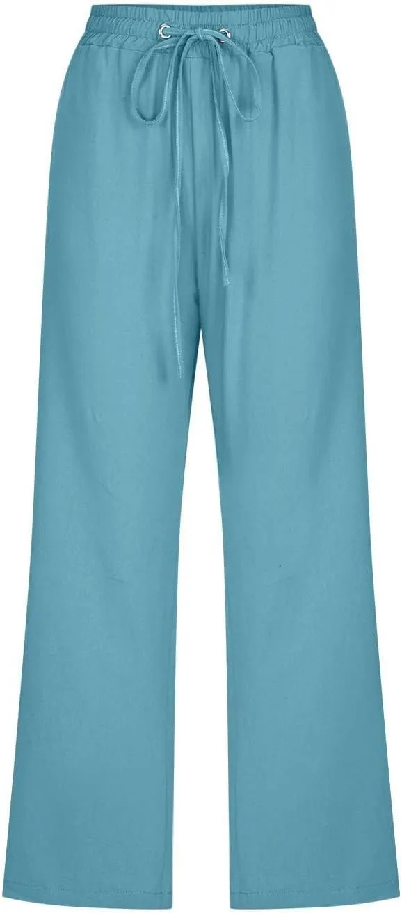 Linen Capri Pants for Women High Waisted Beach Pants Pull on Summer Pants Drawstring Loose Casual Pants with Pockets