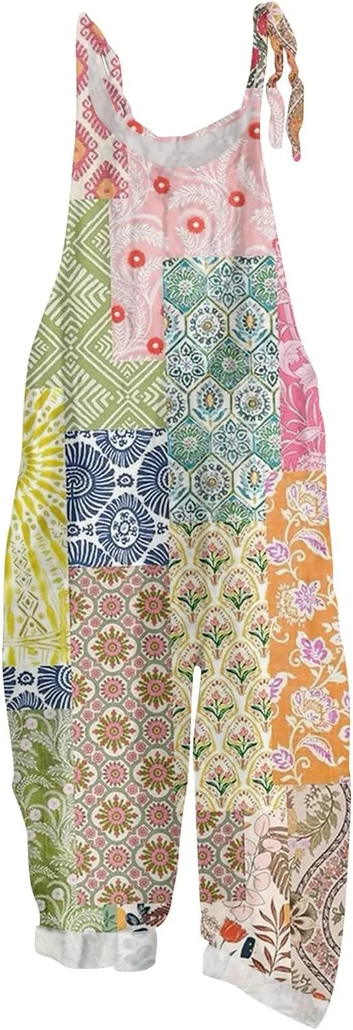 Linen Jumpsuits for Women 2025 Summer Wide Leg Jumpsuits Spaghetti Strap Boho Vintage Floral Printed Romper