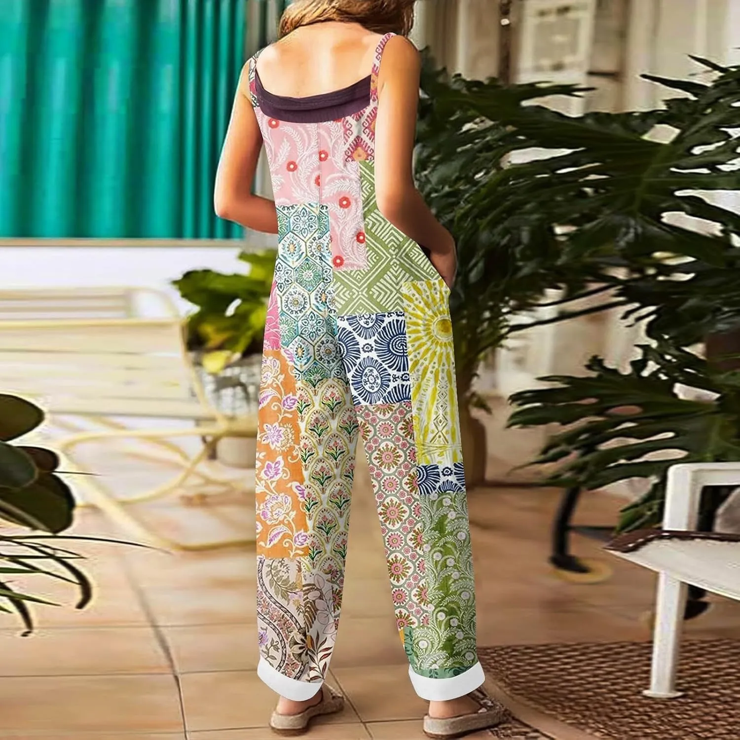 Linen Jumpsuits for Women 2025 Summer Wide Leg Jumpsuits Spaghetti Strap Boho Vintage Floral Printed Romper
