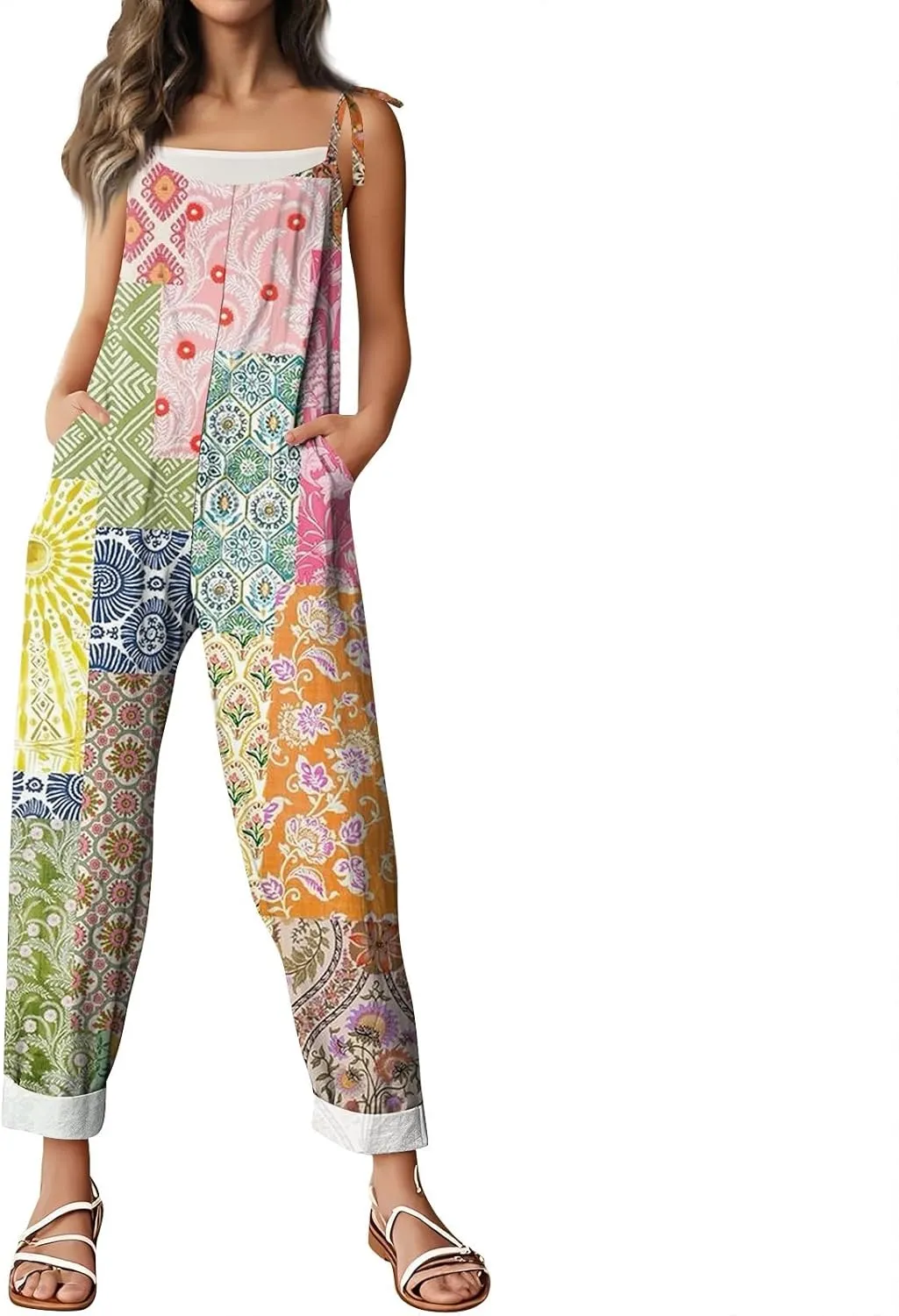 Linen Jumpsuits for Women 2025 Summer Wide Leg Jumpsuits Spaghetti Strap Boho Vintage Floral Printed Romper
