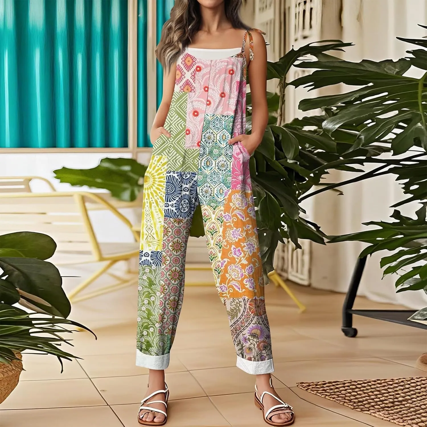 Linen Jumpsuits for Women 2025 Summer Wide Leg Jumpsuits Spaghetti Strap Boho Vintage Floral Printed Romper