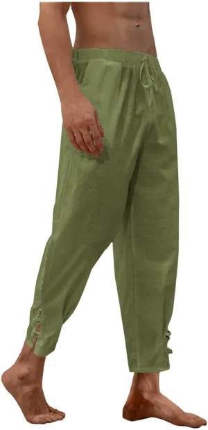 Linen Pants for Men Drawstring Elastic Waist Yoga Pants Summer Beach Loose Trousers Full Length Summerwear