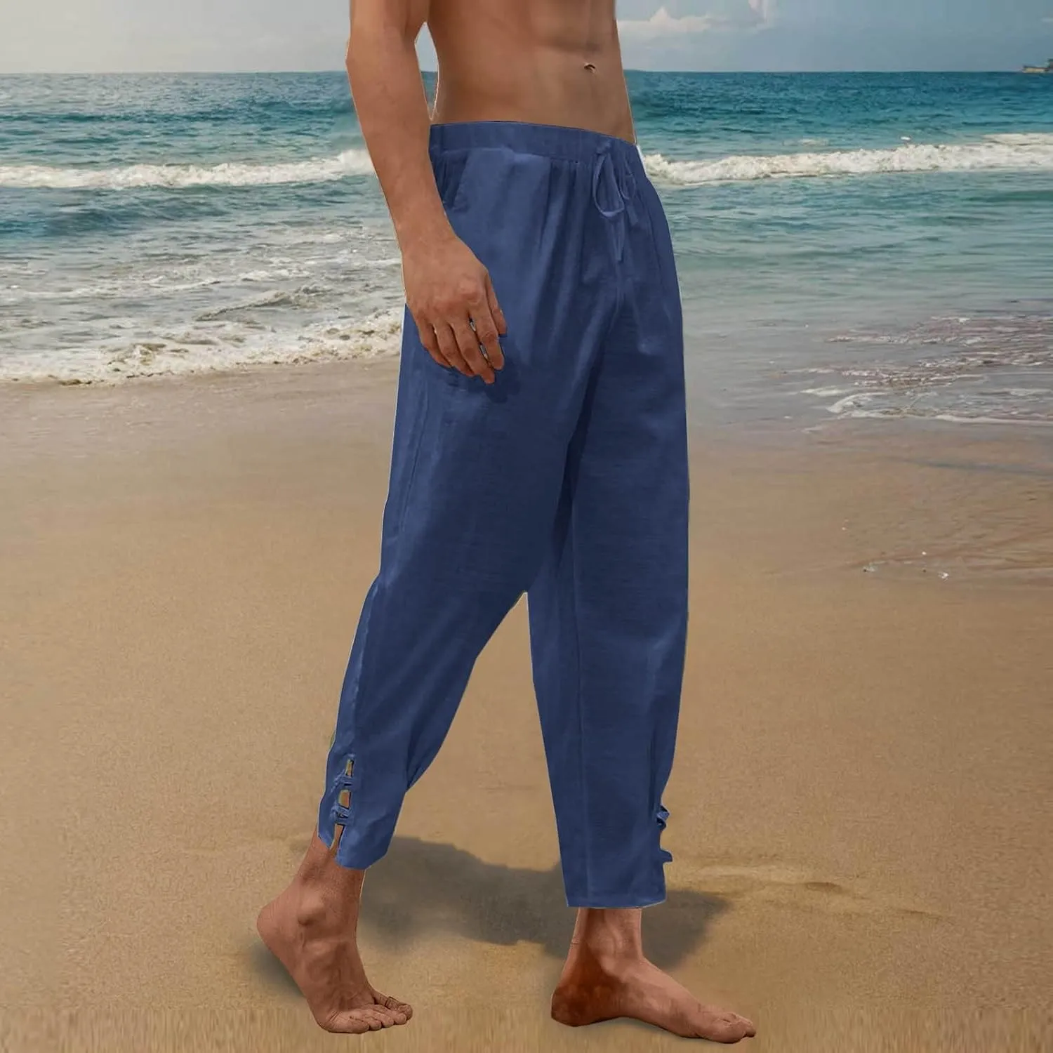 Linen Pants for Men Drawstring Elastic Waist Yoga Pants Summer Beach Loose Trousers Full Length Summerwear