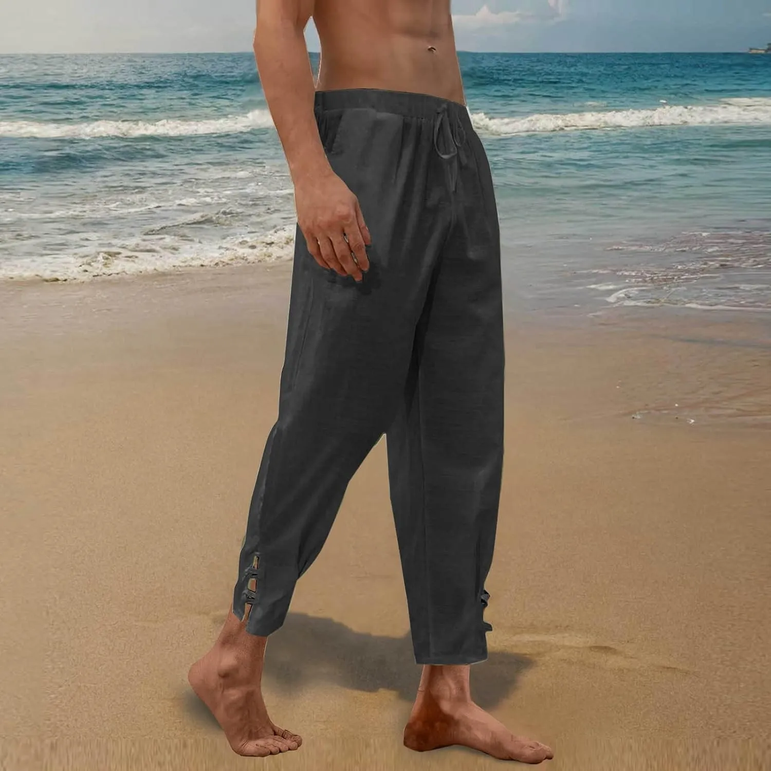 Linen Pants for Men Drawstring Elastic Waist Yoga Pants Summer Beach Loose Trousers Full Length Summerwear