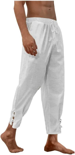 Linen Pants for Men Drawstring Elastic Waist Yoga Pants Summer Beach Loose Trousers Full Length Summerwear
