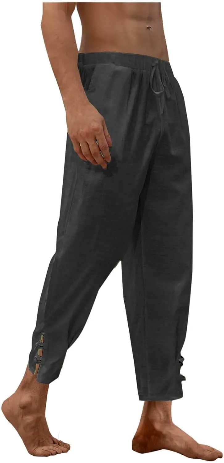 Linen Pants for Men Drawstring Elastic Waist Yoga Pants Summer Beach Loose Trousers Full Length Summerwear