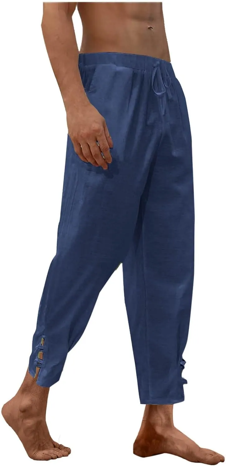 Linen Pants for Men Drawstring Elastic Waist Yoga Pants Summer Beach Loose Trousers Full Length Summerwear
