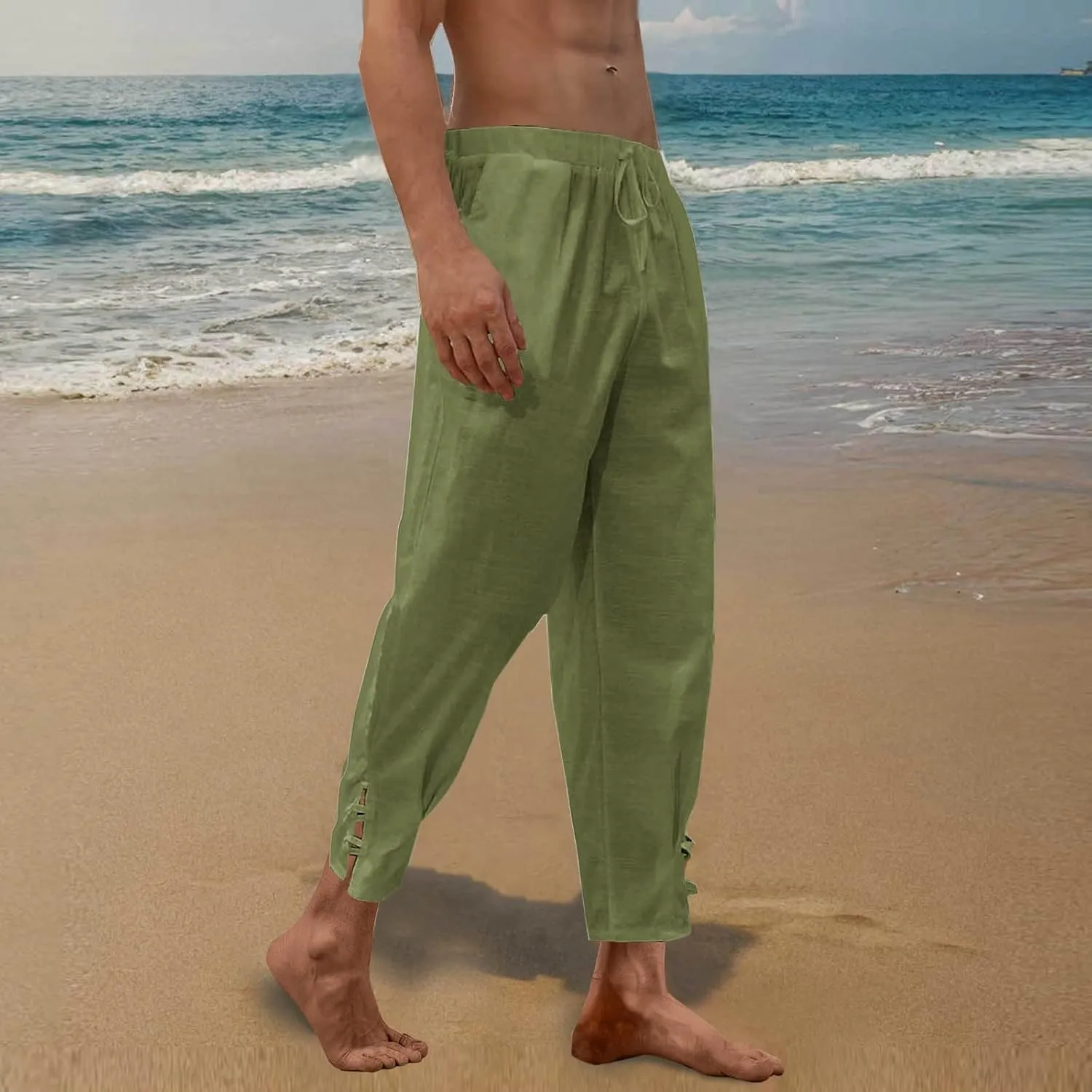 Linen Pants for Men Drawstring Elastic Waist Yoga Pants Summer Beach Loose Trousers Full Length Summerwear
