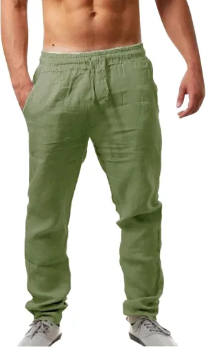 linen pants for men loose fit, yoga pants for men with pockets, Linen Pants for Men, Mens Casual Pants Elastic Waist Drawstring Trousers Straight Leg Pants Beach Pants with Pocket