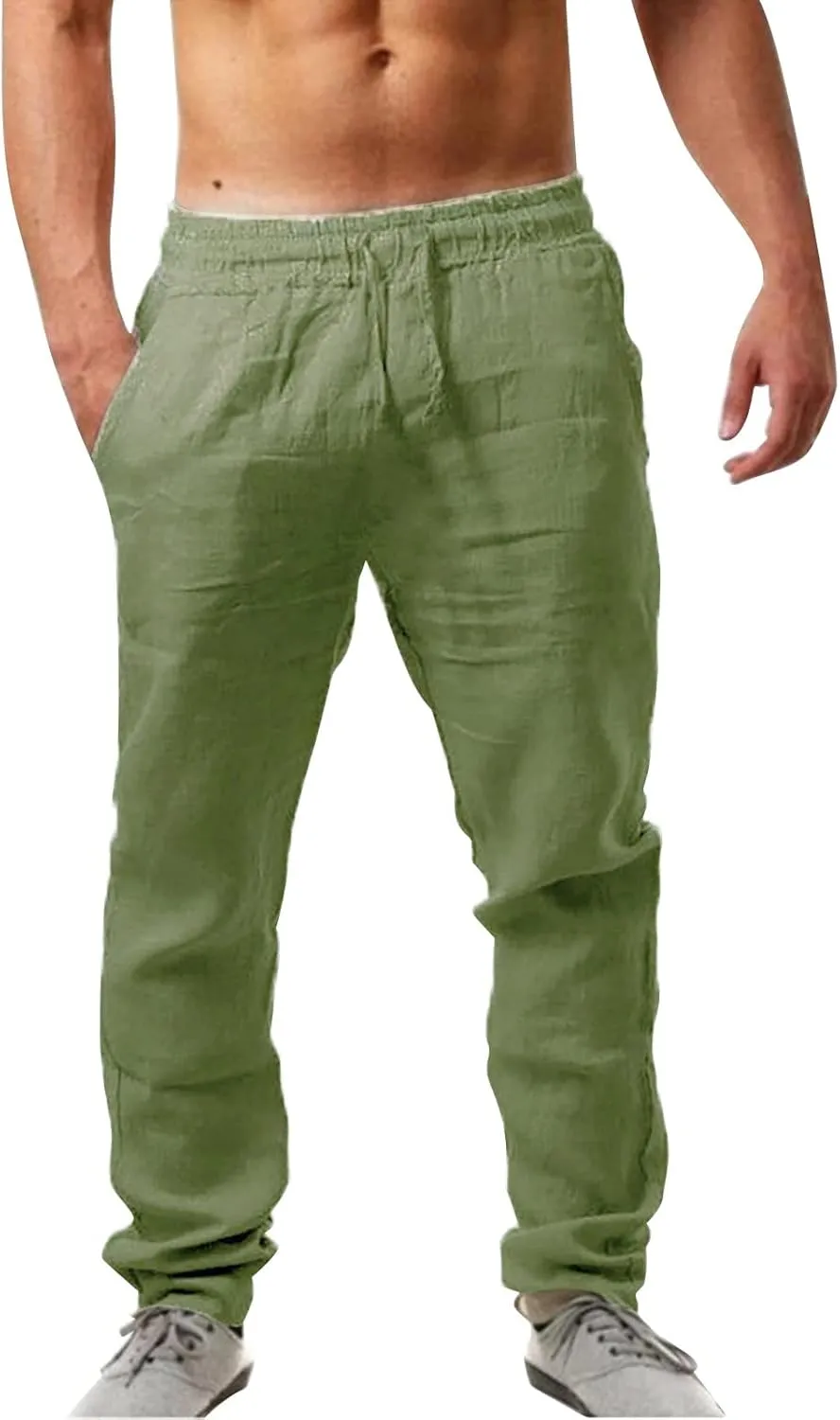 linen pants for men loose fit, yoga pants for men with pockets, Linen Pants for Men, Mens Casual Pants Elastic Waist Drawstring Trousers Straight Leg Pants Beach Pants with Pocket