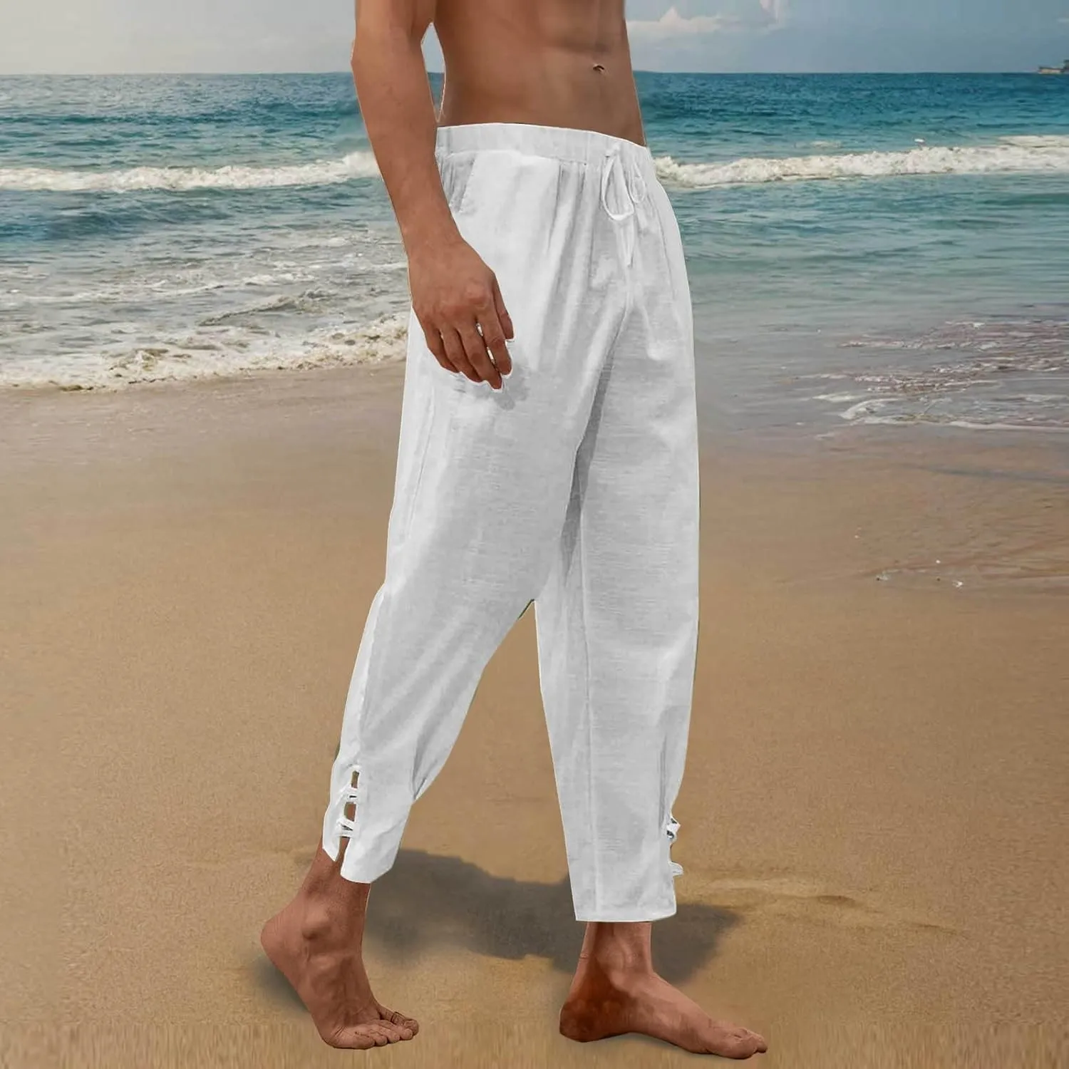 Linen Pants Men Beach Casual Loose Fit Elastic Drawstring Waist Summer Yoga Trousers Stretch with Pockets Fashion 2025