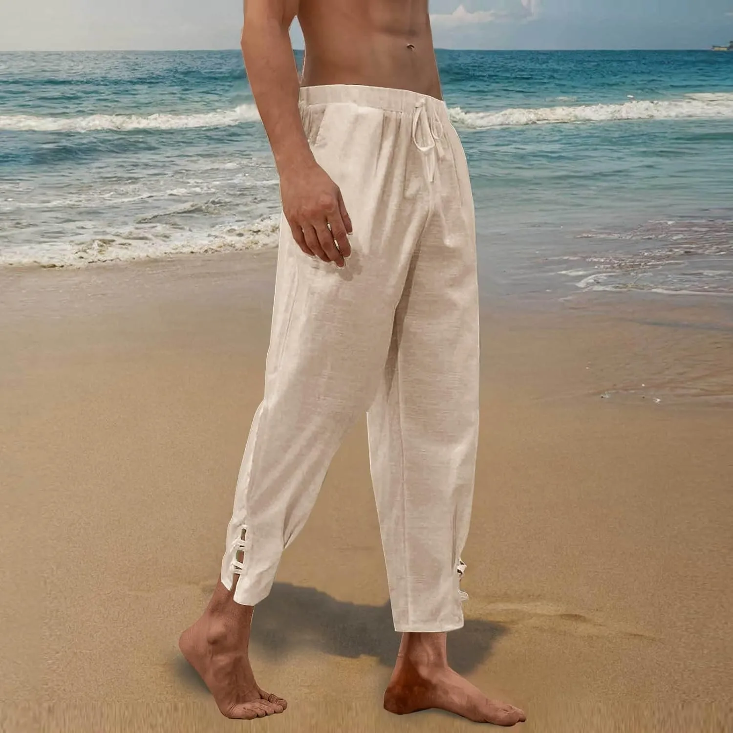 Linen Pants Men Beach Casual Loose Fit Elastic Drawstring Waist Summer Yoga Trousers Stretch with Pockets Fashion 2025