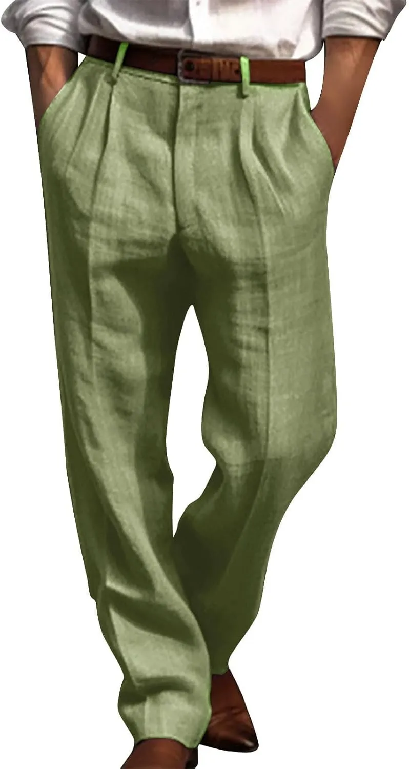Linen Pants Men Big and Tall Straight Leg Pants Summer Breathable Pants Casual Trousers Lightweight Solid Color Pants