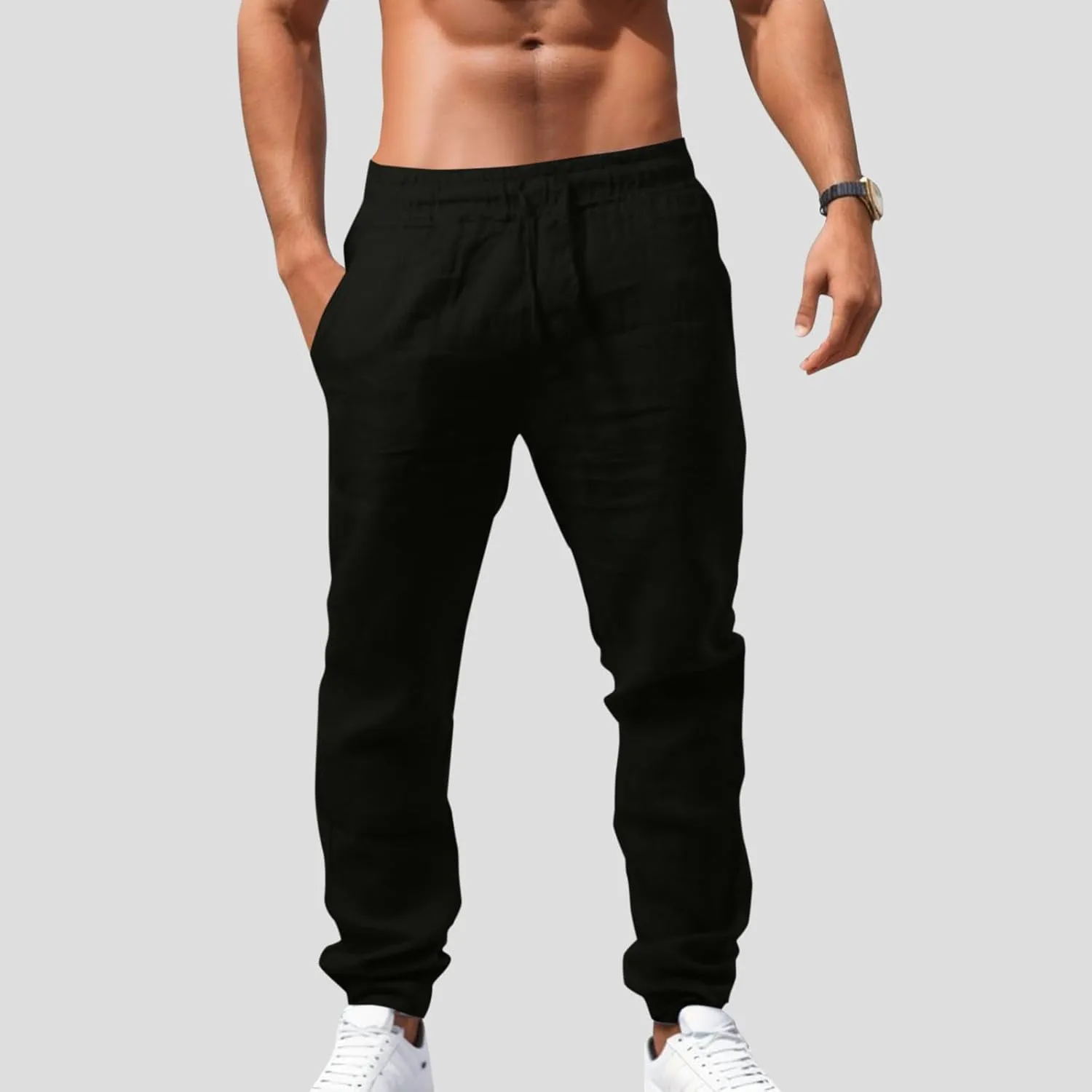 Linen Pants Men Casual Loose Fit Drawstring Elastic Waist Straight Leg Trousers Summer Yoga Beach Long Sweatpants