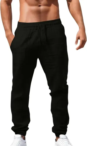 Linen Pants Men Casual Loose Fit Drawstring Elastic Waist Straight Leg Trousers Summer Yoga Beach Long Sweatpants