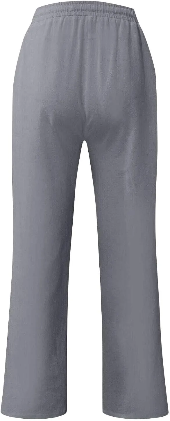 Linen Pants Men Loose Fit Plus Size Casual Pants Lightweight Elastic Waist Beach Pants Drawstring Yoga Pants Joggers