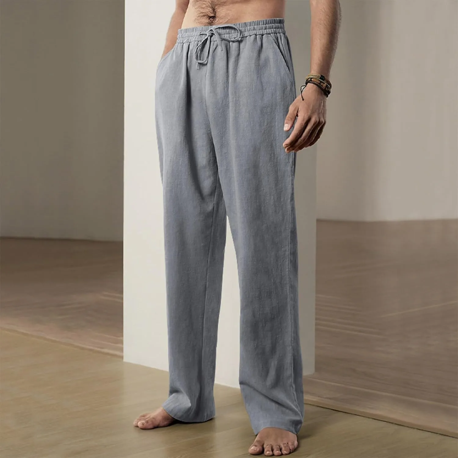 Linen Pants Men Loose Fit Plus Size Casual Pants Lightweight Elastic Waist Beach Pants Drawstring Yoga Pants Joggers