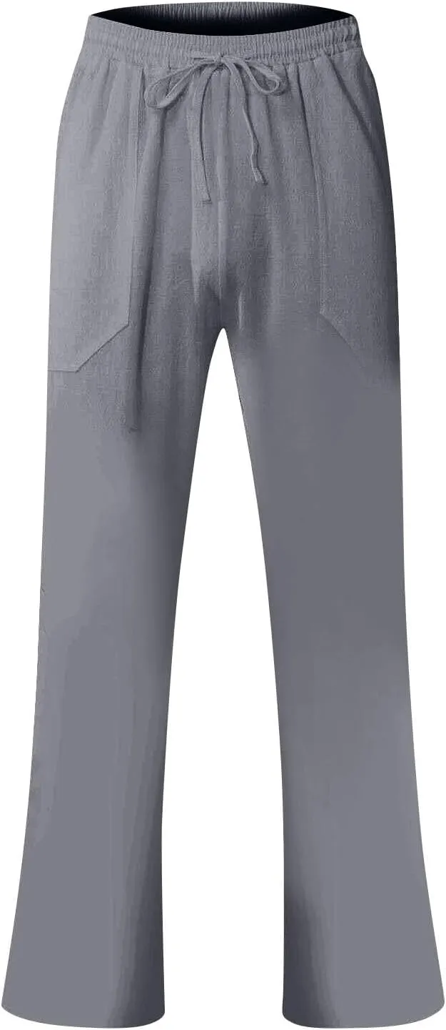 Linen Pants Men Loose Fit Plus Size Casual Pants Lightweight Elastic Waist Beach Pants Drawstring Yoga Pants Joggers
