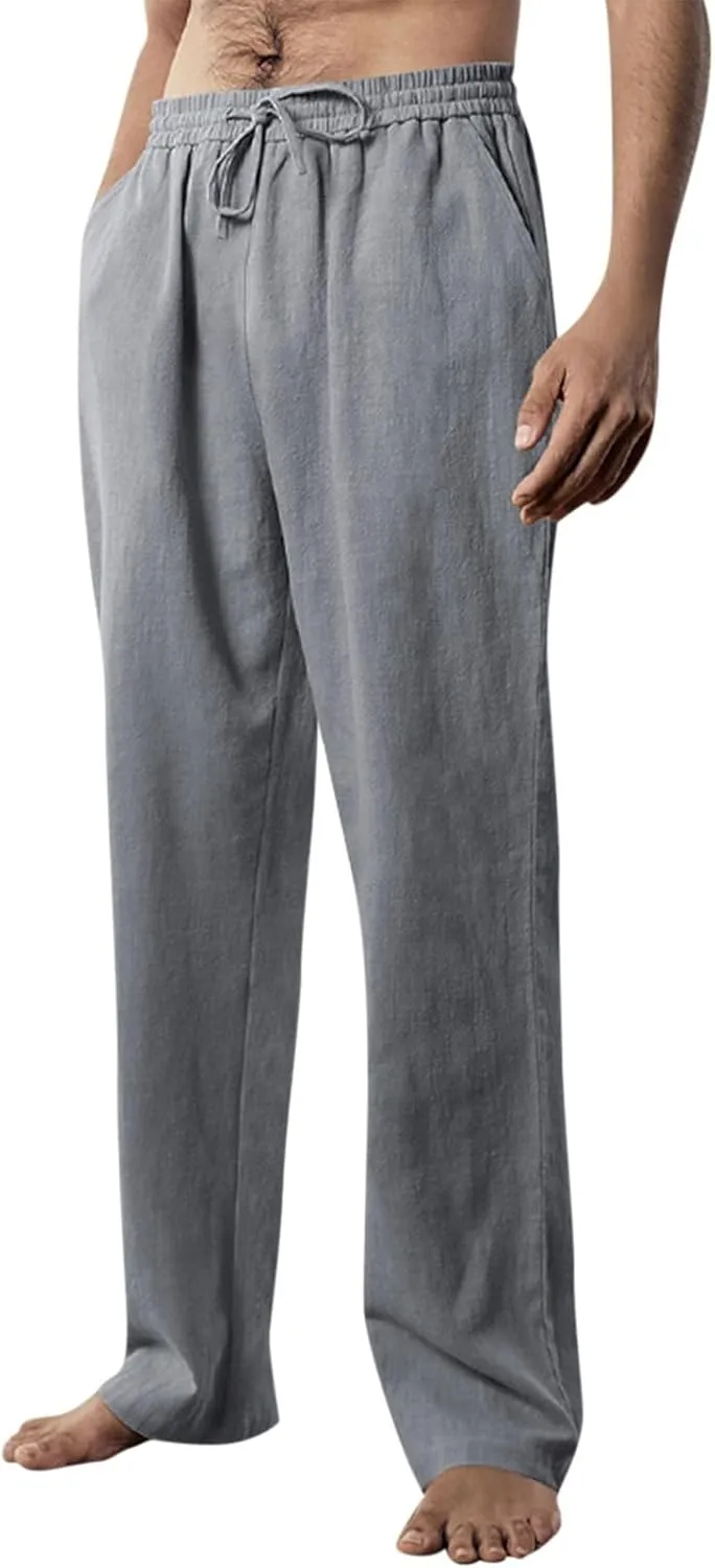 Linen Pants Men Loose Fit Plus Size Casual Pants Lightweight Elastic Waist Beach Pants Drawstring Yoga Pants Joggers