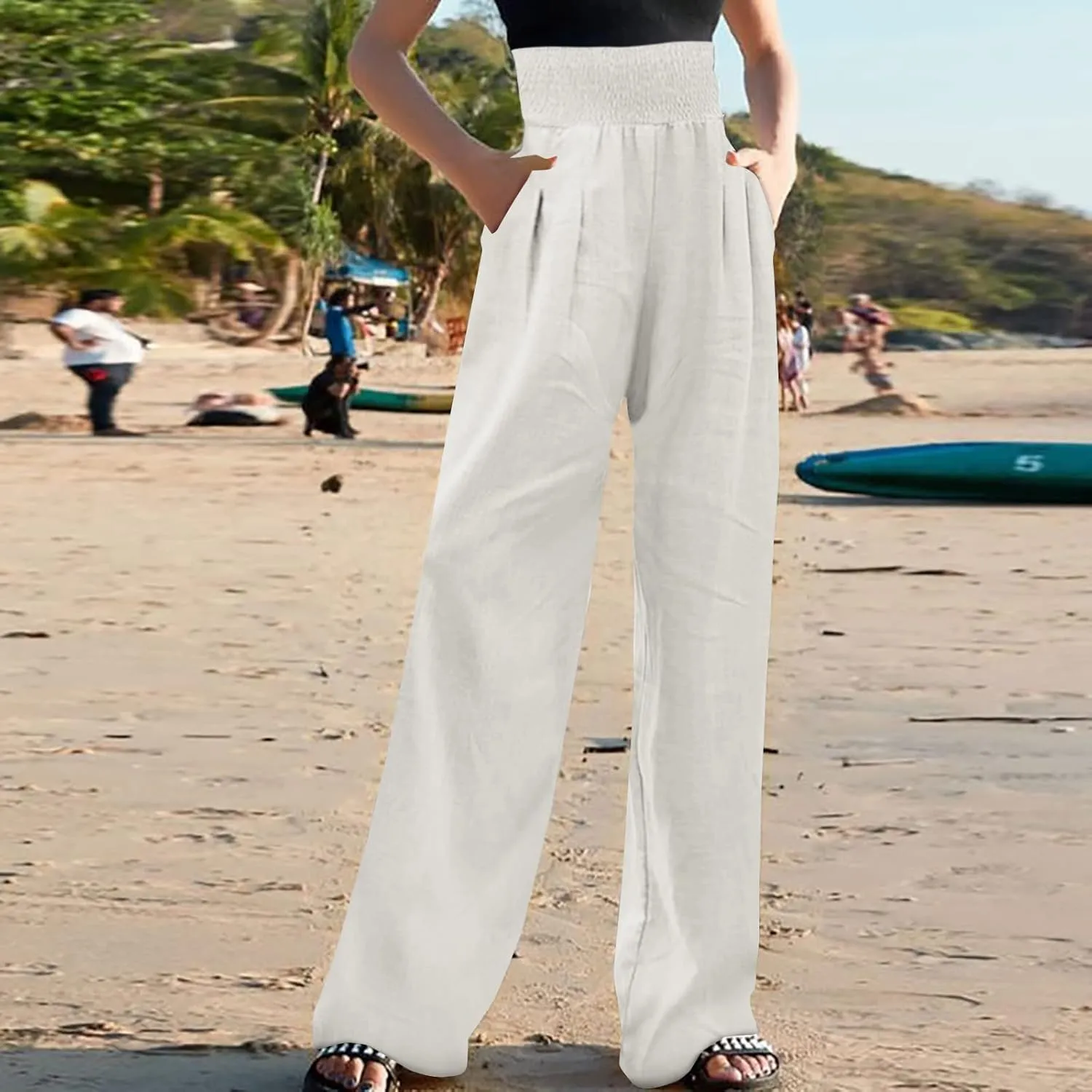 Linen Pants Women High Waist Wide Leg Pants Beach Vacation Boho Pants Casual Vintage Linen Pants Trousers with Pockets