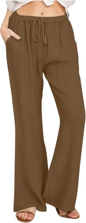 Linen Pants Women High Waisted Flare Palazzo Pants Summer Wide Leg Pants Elastic Waist Beach Pants Lounge Trousers