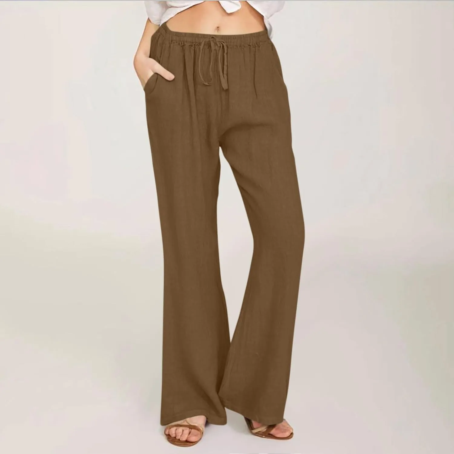 Linen Pants Women High Waisted Flare Palazzo Pants Summer Wide Leg Pants Elastic Waist Beach Pants Lounge Trousers
