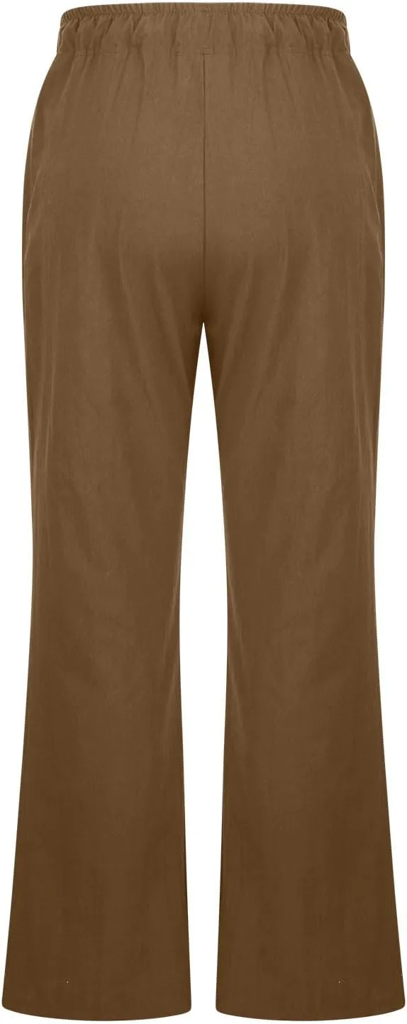 Linen Pants Women High Waisted Flare Palazzo Pants Summer Wide Leg Pants Elastic Waist Beach Pants Lounge Trousers
