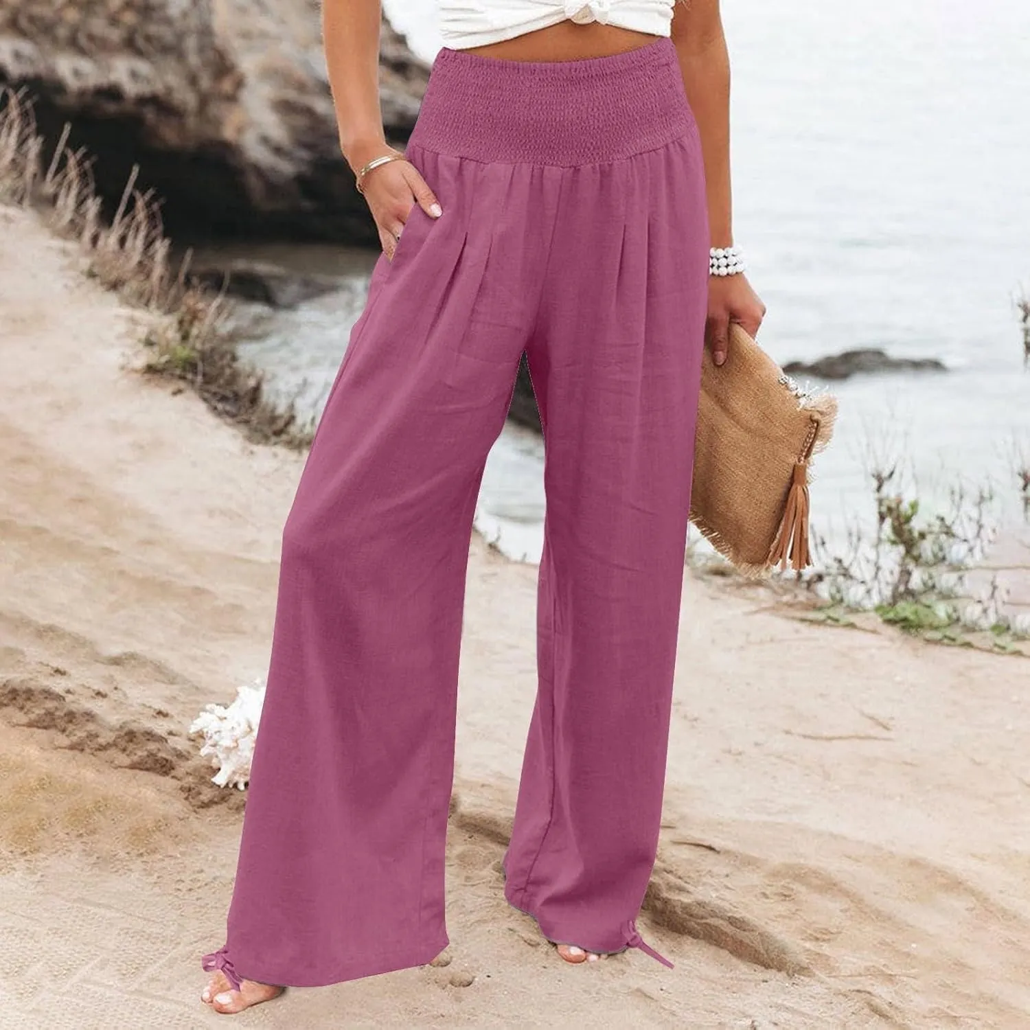 Linen Pants Women High Waisted Wide Leg Palazzo Pants Summer Beach Flowy Pants Casual Dress Pants Lounge Trousers