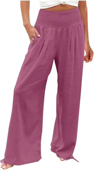 Linen Pants Women High Waisted Wide Leg Palazzo Pants Summer Beach Flowy Pants Casual Dress Pants Lounge Trousers