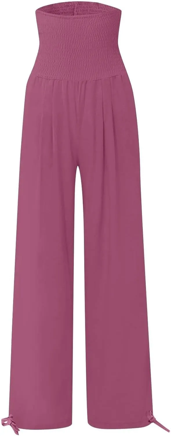 Linen Pants Women High Waisted Wide Leg Palazzo Pants Summer Beach Flowy Pants Casual Dress Pants Lounge Trousers