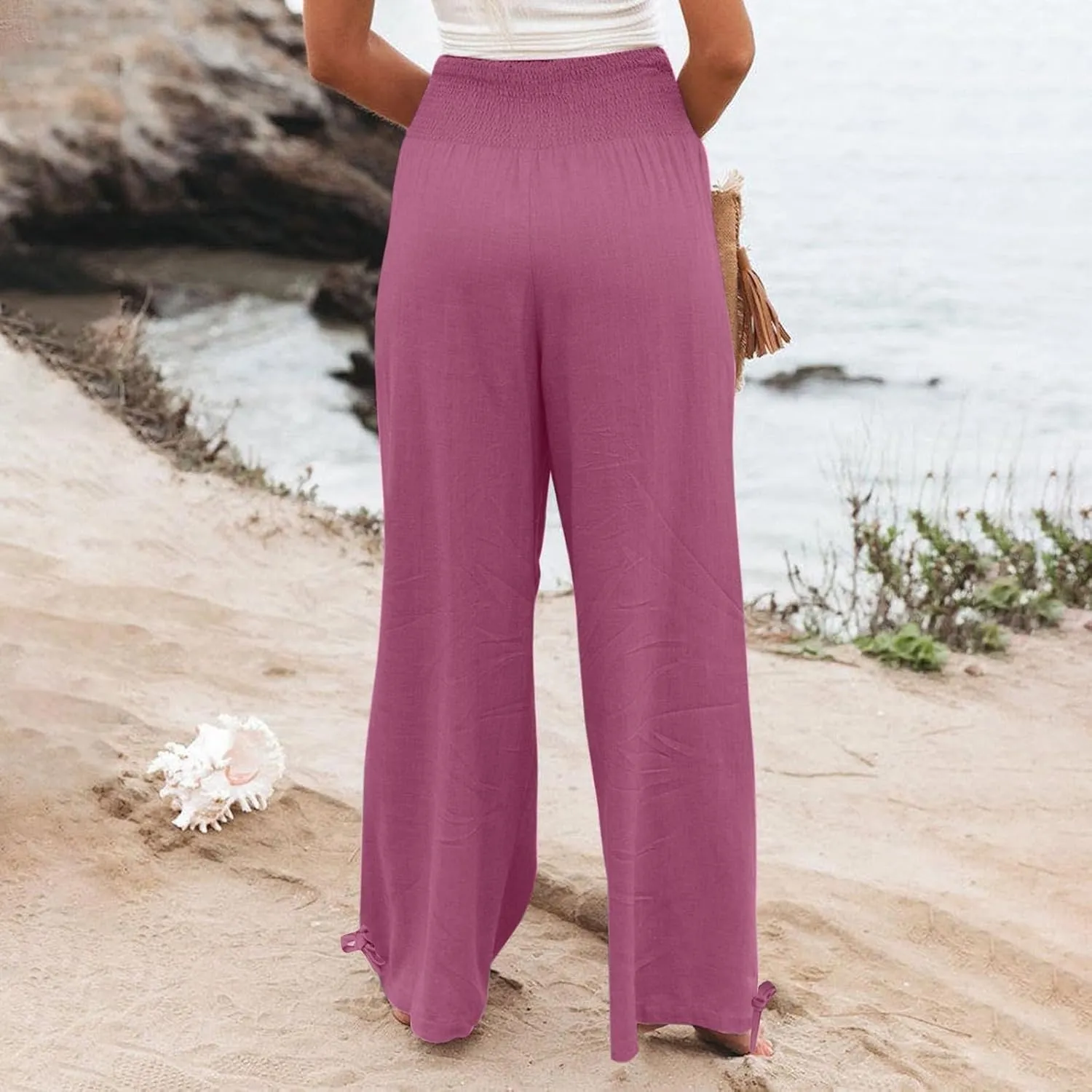 Linen Pants Women High Waisted Wide Leg Palazzo Pants Summer Beach Flowy Pants Casual Dress Pants Lounge Trousers
