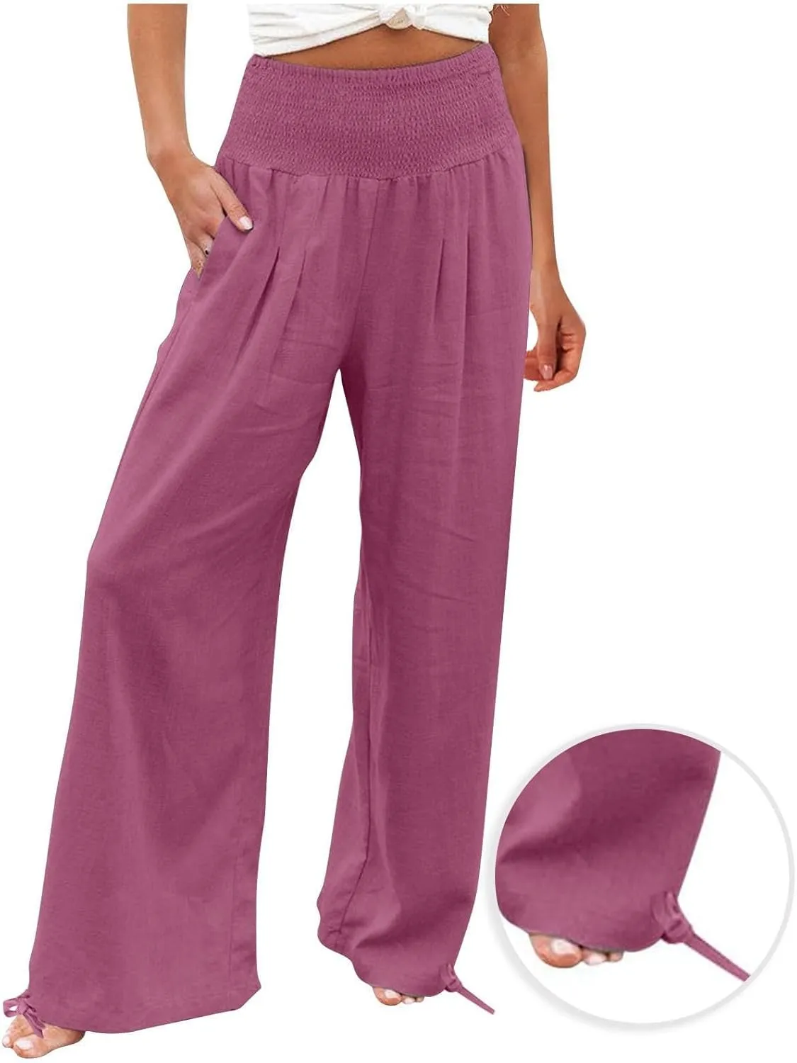 Linen Pants Women High Waisted Wide Leg Palazzo Pants Summer Beach Flowy Pants Casual Dress Pants Lounge Trousers