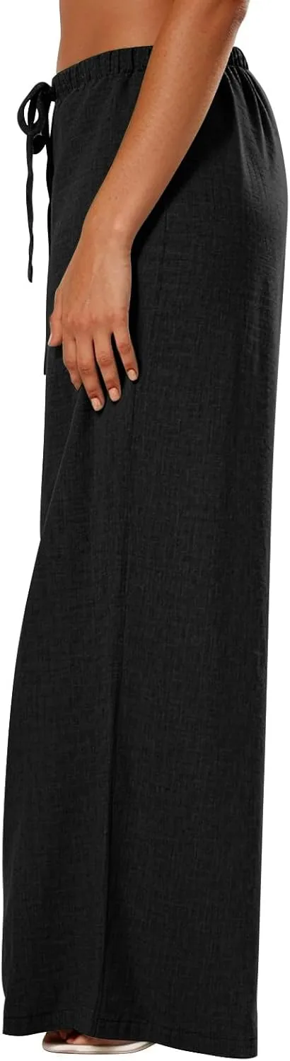 Linen Pants Women Summer Drawstring Waist Wide Leg Pants Loose Cotton Linen Palazzo Pants Casual Beach Long Pants