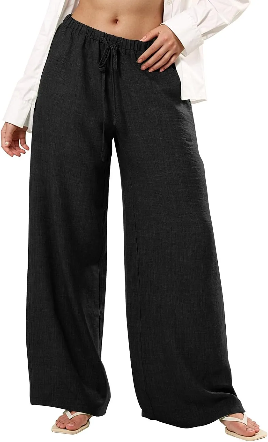 Linen Pants Women Summer Drawstring Waist Wide Leg Pants Loose Cotton Linen Palazzo Pants Casual Beach Long Pants