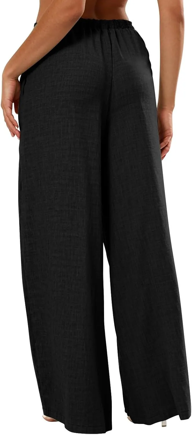 Linen Pants Women Summer Drawstring Waist Wide Leg Pants Loose Cotton Linen Palazzo Pants Casual Beach Long Pants