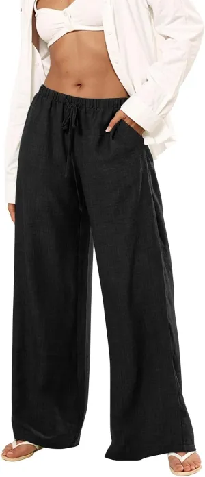 Linen Pants Women Summer Drawstring Waist Wide Leg Pants Loose Cotton Linen Palazzo Pants Casual Beach Long Pants