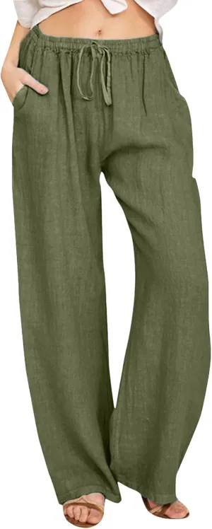 Linen Pants Women Summer Wide Leg Pants Drawstring Elastic Waist Pants High Waisted Lounge Pants Casual Beach Trousers 2025