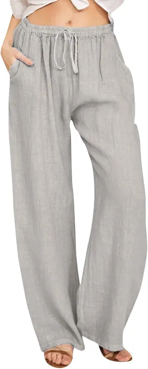 Linen Pants Women Summer Wide Leg Pants Drawstring Elastic Waist Pants High Waisted Lounge Pants Casual Beach Trousers 2025