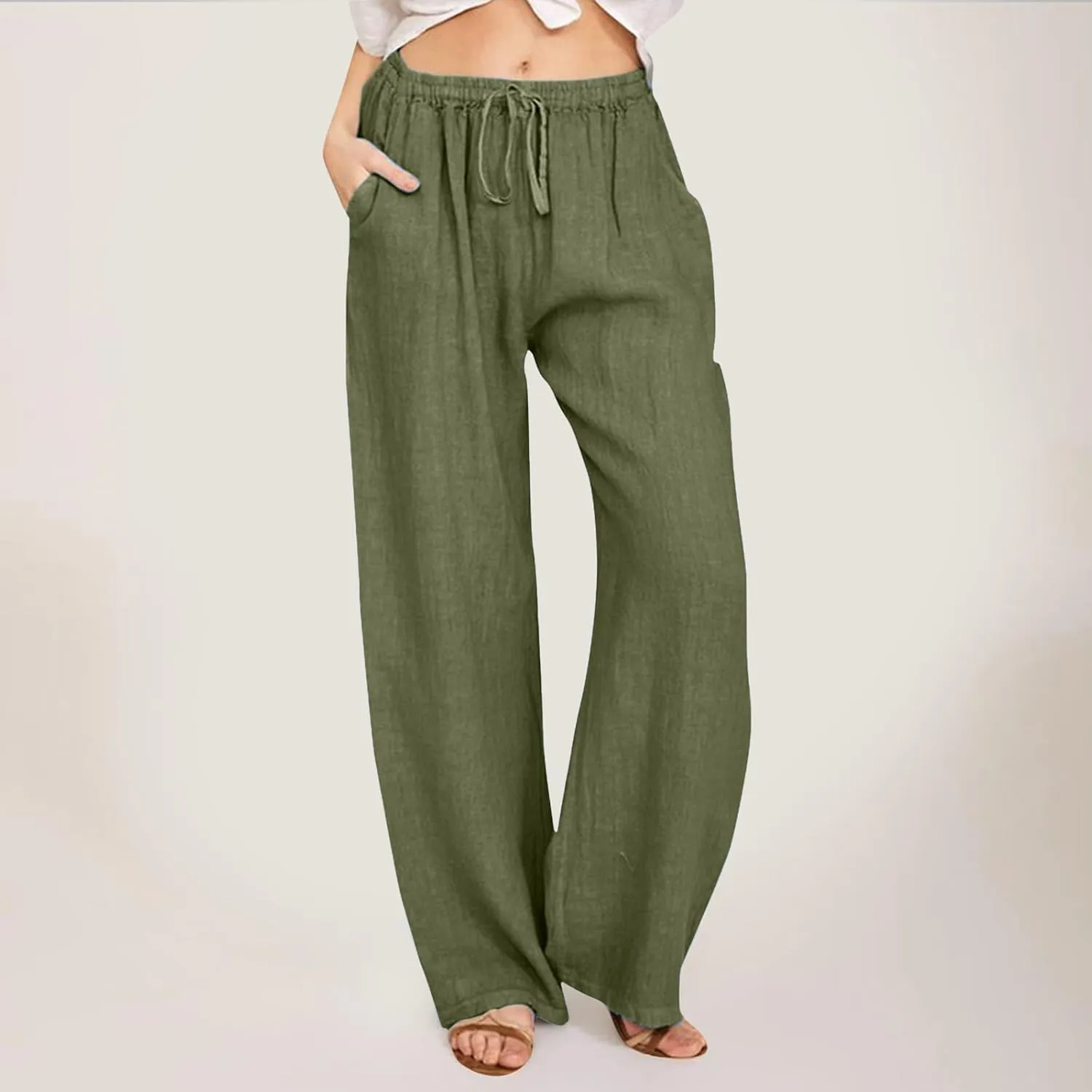 Linen Pants Women Summer Wide Leg Pants Drawstring Elastic Waist Pants High Waisted Lounge Pants Casual Beach Trousers 2025