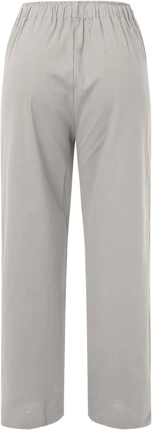Linen Pants Women Summer Wide Leg Pants Drawstring Elastic Waist Pants High Waisted Lounge Pants Casual Beach Trousers 2025