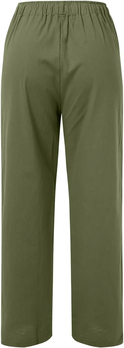 Linen Pants Women Summer Wide Leg Pants Drawstring Elastic Waist Pants High Waisted Lounge Pants Casual Beach Trousers 2025