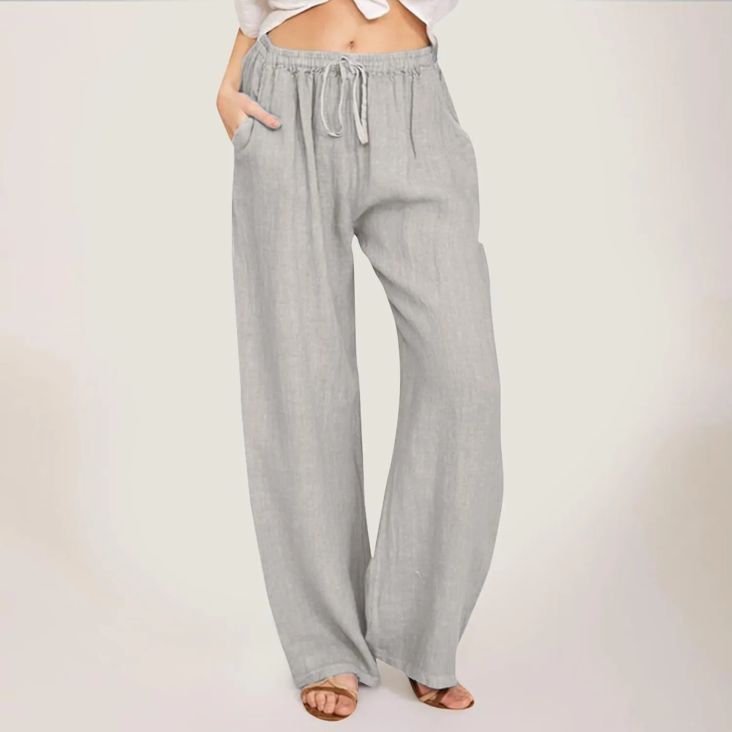Linen Pants Women Summer Wide Leg Pants Drawstring Elastic Waist Pants High Waisted Lounge Pants Casual Beach Trousers 2025