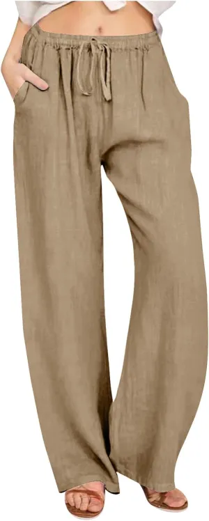 Linen Pants Women Vacation Casual Loose Drawsting Waist Pants Wide Leg Pants Cotton Linen Palazzo Pants with Pockets